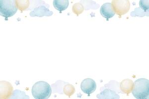 Cadre de bleu air des ballons des nuages et étoiles . aquarelle isolé main tiré illustration. couronne pour cartes postales, décoration de enfants pièces et faire la fête, bébé douche et anniversaire cartes vecteur