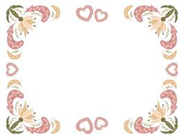botanique mariage invitation dans ancien populaire style avec abstrait fleurs et décoré cœurs. floral horizontal symétrie illustration dans en sourdine couleurs pour mariage. bannière, carte modèle isolé vecteur