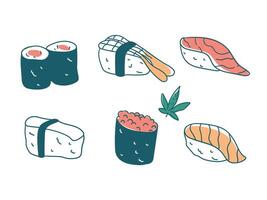 main tiré Sushi, Saumon poisson, crevette, Nigiri Japon nourriture vecteur