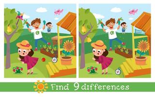 trouver 9 différences. Jeu pour les enfants. mignonne famille dans jardin. dessin animé personnage. illustration. vecteur