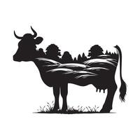 Naturel animal - vache avec forêt illustration dans noir et blanc vecteur