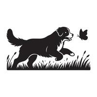 chien - espiègle bernois Montagne chien ciselure papillon illustration dans noir et blanc vecteur
