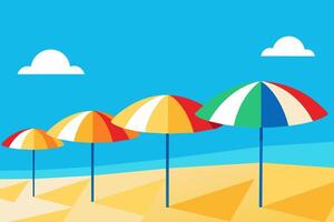 coloré plage parapluies doublé en haut sur une sablonneux plage avec clair bleu ciels et brillant lumière du soleil. concept de plage station balnéaire, été vacances, Soleil protection, et loisirs. arabe ouvrages d'art vecteur