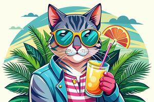 chat dans des lunettes de soleil profiter fruit cocktail dans tropical paramètre. félin avec doux boire. concept de été vibrations, rafraîchissant boire, exotique boisson, vacances. conception. imprimer. graphique illustration vecteur