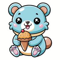 une mignonne kawaii ours en mangeant la glace crème, avec nettoyer noir grandes lignes, blanc Contexte vecteur