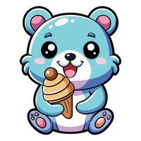 une mignonne kawaii ours en mangeant la glace crème, avec nettoyer noir grandes lignes, blanc Contexte vecteur