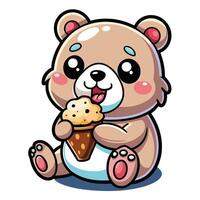 une mignonne kawaii ours en mangeant la glace crème, avec nettoyer noir grandes lignes, blanc Contexte vecteur