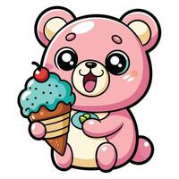 une mignonne kawaii ours en mangeant la glace crème, avec nettoyer noir grandes lignes, blanc Contexte vecteur