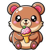 une mignonne kawaii ours en mangeant la glace crème, avec nettoyer noir grandes lignes, blanc Contexte vecteur