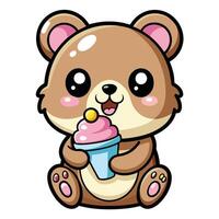 une mignonne kawaii ours en mangeant la glace crème, avec nettoyer noir grandes lignes, blanc Contexte vecteur