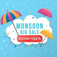 mousson gros vente bannière promotion illustration avec parapluie et des nuages vecteur