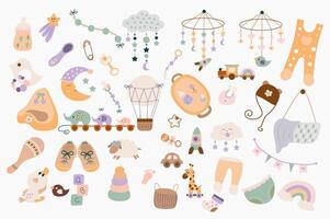 nouveau née bébé articles mignonne ensemble dans plat dessin animé conception. paquet de bouteille, bébé module, vêtements, bavoir, sucette, chaussures, couches, pantalon, jouets, pyramide, chapeau et autre. illustration isolé éléments vecteur