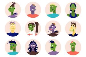 zombi gens avatars isolé ensemble. Mort-vivant Hommes et femmes avec différent effrayant monstre visage regards. portraits de femelle et Masculin mascottes. illustration avec personnages dans plat dessin animé conception vecteur