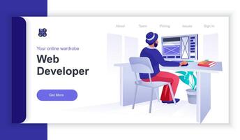 la toile développeur concept 3d isométrique la toile bannière avec gens scène. homme travaux à ordinateur et développe site Internet disposition et optimise page. illustration pour atterrissage page et la toile modèle conception vecteur