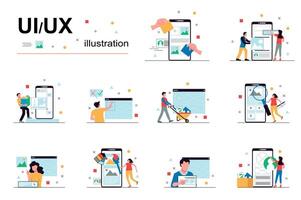 ui ux conception et programmation concept avec gens scène ensemble. Hommes et femmes créer application interfaces, tester et optimiser programmes, des endroits graphique contenu. illustration dans plat conception pour la toile vecteur