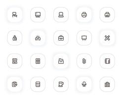 Bureau et travail ligne Icônes ensemble. ordinateur, ordinateur portable, imprimante, mallette, papeterie et autre bouton. contour pictogrammes pour la toile et interface utilisateur, ux mobile app conception. modifiable accident vasculaire cérébral. 24x24 pixel parfait. vecteur