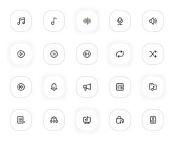 la musique et l'audio ligne Icônes ensemble. note, vague, microphone, volume, jouer, voix et autre boutons. contour pictogrammes pour la toile et interface utilisateur, ux mobile app conception. modifiable accident vasculaire cérébral. 24x24 pixel parfait. vecteur