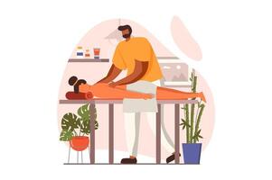 spa salon la toile concept dans plat conception. professionnel masseur Est-ce que Manuel thérapie à patient. femme mensonge sur canapé et avoir retour massage dans cosmétologie clinique. illustration avec gens scène vecteur