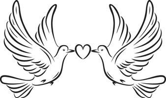 monochrome aimant en volant colombes avec une cœur dans leur le bec. oiseau de l'amour et espoir. vecteur