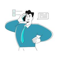 moderne Jeune homme d'affaire parlant sur le téléphone avec clients. appel promotion concept, client soutien vecteur