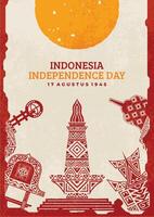 affiche célébrer l'indonésie indépendance sur août 17 avec des illustrations de le borobudur temple, nationale monument, Rumah gadang, équateur monument, haanoi loger, balle lombation. vecteur