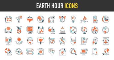 Terre heure Icônes ensemble. euh comme climat changement, écologie, vert énergie, parc, temps, global échauffement, renouvelable énergie, serre, fusion glace, Terre pollution, émission, batterie illustration vecteur