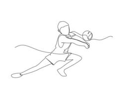 continu Célibataire ligne dessin de Masculin volley-ball athlète squat à bloquer un attaque de un adversaire. sport formation concept. volley-ball compétition illustration conception vecteur