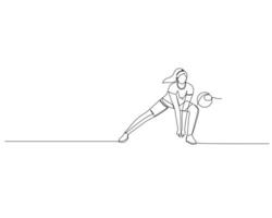 continu Célibataire ligne dessin de femelle volley-ball athlète qui est squat car elle est en portant le Balle de sa adversaire. sport formation concept. volley-ball compétition illustration conception vecteur