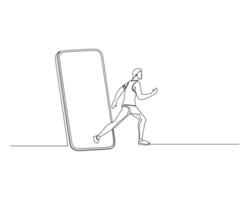 continu Célibataire ligne dessin de le homme couru et la gauche le sien habitude de en jouant sur le sien cellule téléphone à maison. en bonne santé sport formation concept. conception illustration vecteur