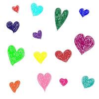 ensemble de multicolore cœurs tiré avec des crayons dans griffonnage style sur une blanc Contexte vecteur