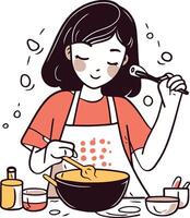 mignonne fille cuisine dans le cuisine dans dessin animé style. vecteur