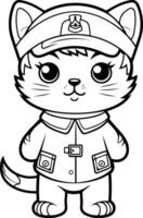 noir et blanc dessin animé illustration de mignonne chat capitaine personnage coloration livre vecteur