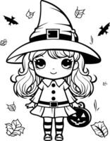 noir et blanc dessin animé illustration de mignonne peu sorcière fille pour coloration livre vecteur