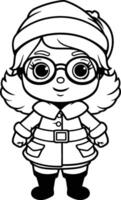 noir et blanc dessin animé illustration de mignonne peu fille portant hiver vêtements coloration livre vecteur