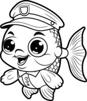 coloration livre pour les enfants mignonne poisson dans une police casquette vecteur