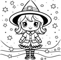 mignonne peu sorcière fille. noir et blanc illustration pour coloration livre. vecteur