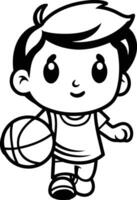 garçon en jouant basketball - dessin animé personnage illustration vecteur