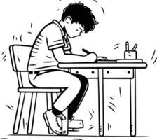 illustration de une Jeune garçon séance à le table et travail sur une portable vecteur