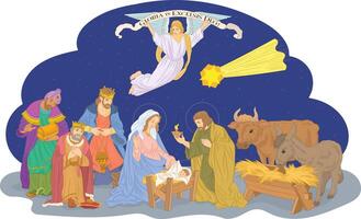 saint famille, Jésus, Marie et Joseph, avec ange dans Noël Nativité scène vecteur