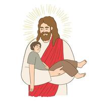 Jésus donnant une étreinte à une enfant vecteur