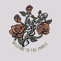 conception de t-shirt bienvenue dans la jungle avec un pistolet enveloppé de roses et une illustration vintage de fond blanc