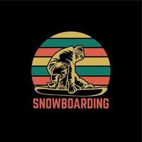 conception de t-shirt snowboard avec snowboarder et illustration vintage de fond noir vecteur