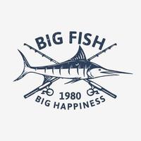 création de logo gros poisson grand bonheur 1980 avec illustration vintage de poisson marlin vecteur