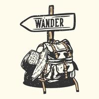 création de logo errer avec sac de randonnée, chapeau de randonnée et panneau de signalisation illustration vintage vecteur