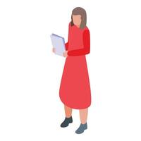 isométrique illustration de une femme d'affaires dans une rouge robe en cours d'analyse une rapport vecteur