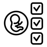 une noir et blanc icône représentant une fœtus avec vérifier Des marques, symbolisant prénatal Planification vecteur