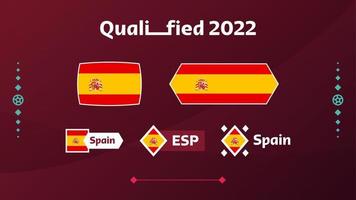 ensemble de drapeau espagnol et de texte sur fond de tournoi de football 2022. modèle de football illustration vectorielle pour bannière, carte, site Web. drapeau national espagne vecteur