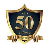 50e anniversaire célébrant les antécédents commerciaux de l'entreprise de texte avec des chiffres. modèle d'événement d'anniversaire de célébration de vecteur bouclier de couleur rouge or foncé