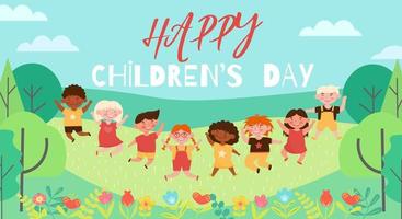 Happy childrens day concept télévision vector illustration avec jumping happy smiling kids