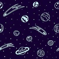 modèle de l'espace. planètes et comètes sur fond de ciel étoilé bleu avec des lignes dans le style du griffonnage vecteur